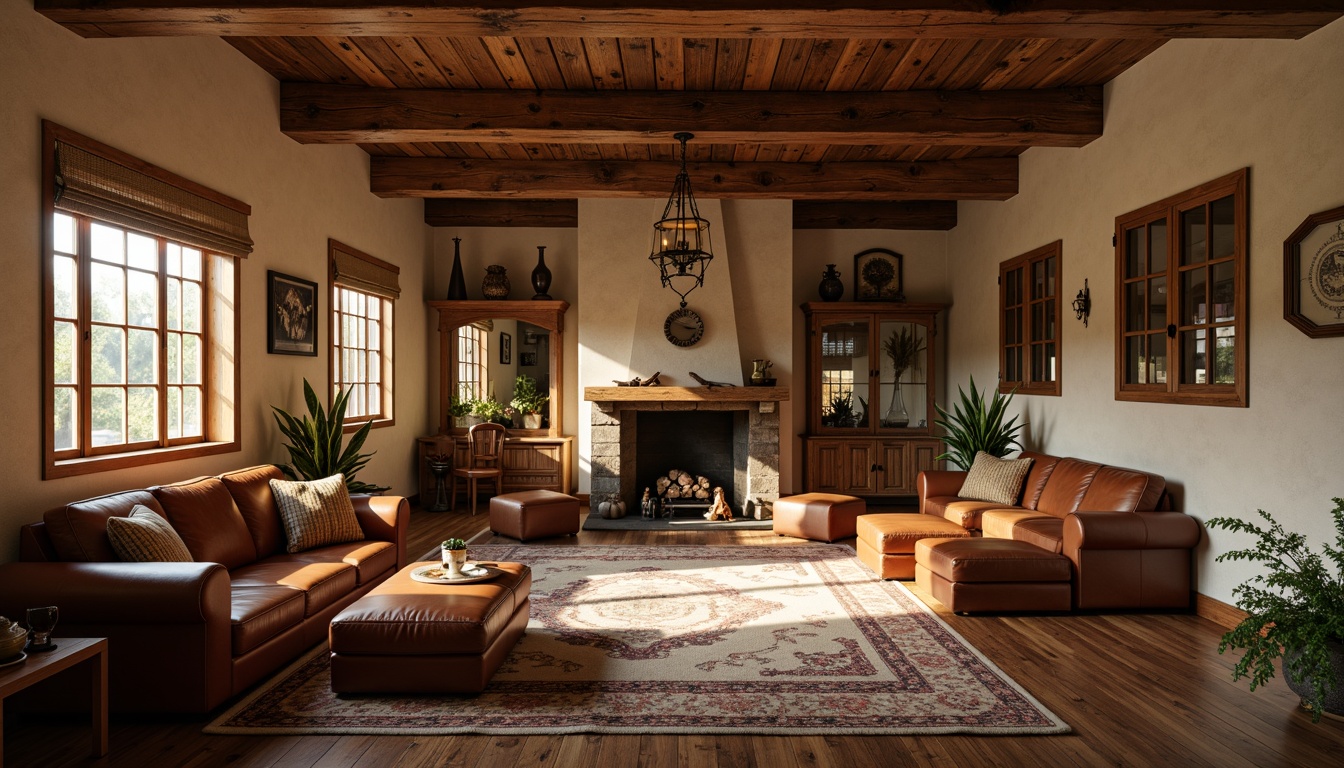 Prompt: Warm home gym, traditional wood accents, rich leather equipment, warm beige walls, dark hardwood floors, vintage metal fixtures, antique mirrors, cozy reading nooks, natural stone fireplace, rustic wooden beams, soft warm lighting, warm color temperature, relaxing ambiance, 1/1 composition, realistic textures, ambient occlusion.