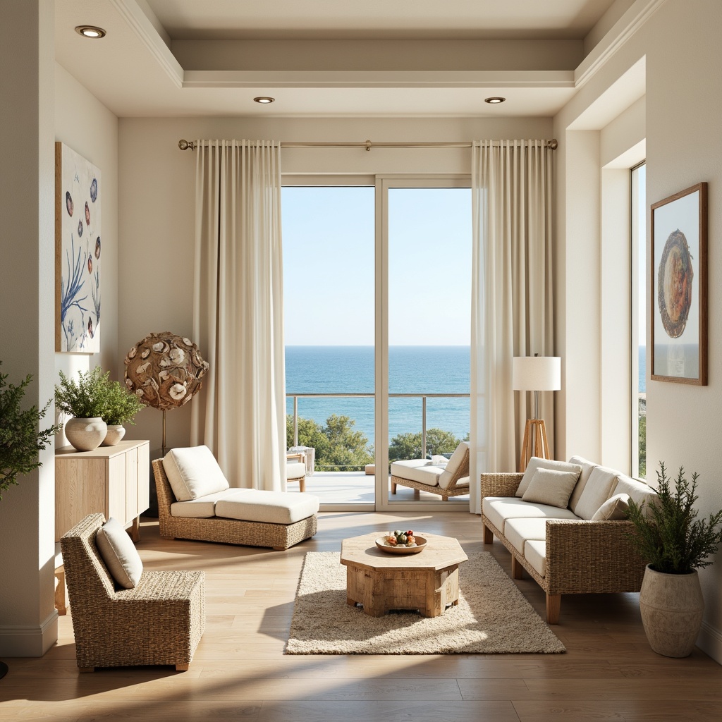 Prompt: Coastal-themed open space, natural light pouring in, soft beige tones, driftwood accents, woven sea grass furniture, nautical rope details, ocean-inspired artwork, shell-adorned decor, creamy white walls, polished wood floors, minimalist modern furniture, sleek chrome lighting, floor-to-ceiling windows, sliding glass doors, breathtaking ocean views, salty air, warm sunlight, shallow depth of field, 1/1 composition, realistic textures, ambient occlusion.