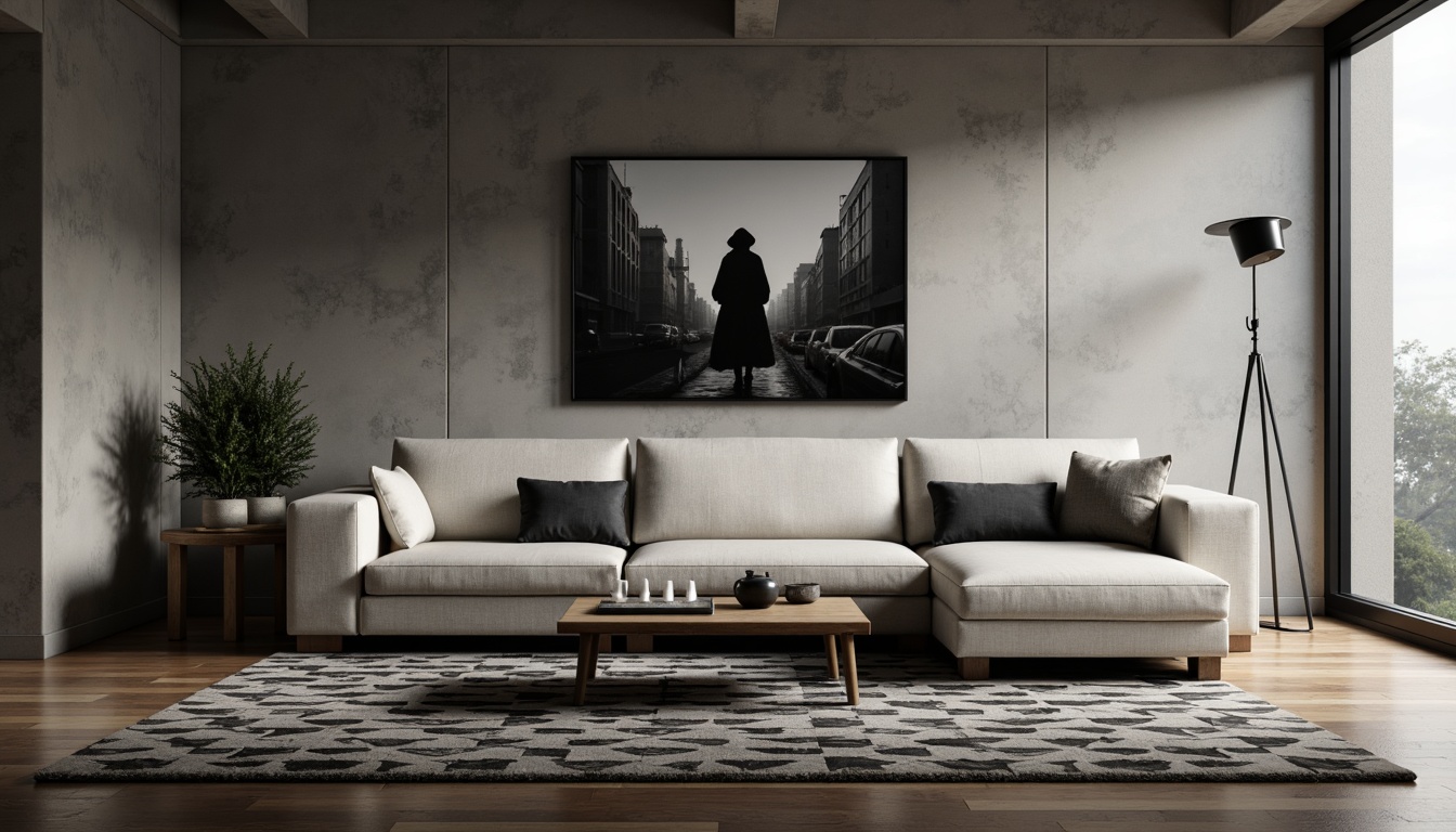 Prompt: Minimalist cinema-inspired living room, low-profile sectional sofa, sleek coffee table, geometric-patterned rug, industrial metal floor lamp, cinematic artwork, monochromatic color scheme, concrete walls, polished wooden flooring, subtle ambient lighting, shallow depth of field, 1/1 composition, softbox light diffusion, atmospheric fog effect, realistic textures, ambient occlusion.