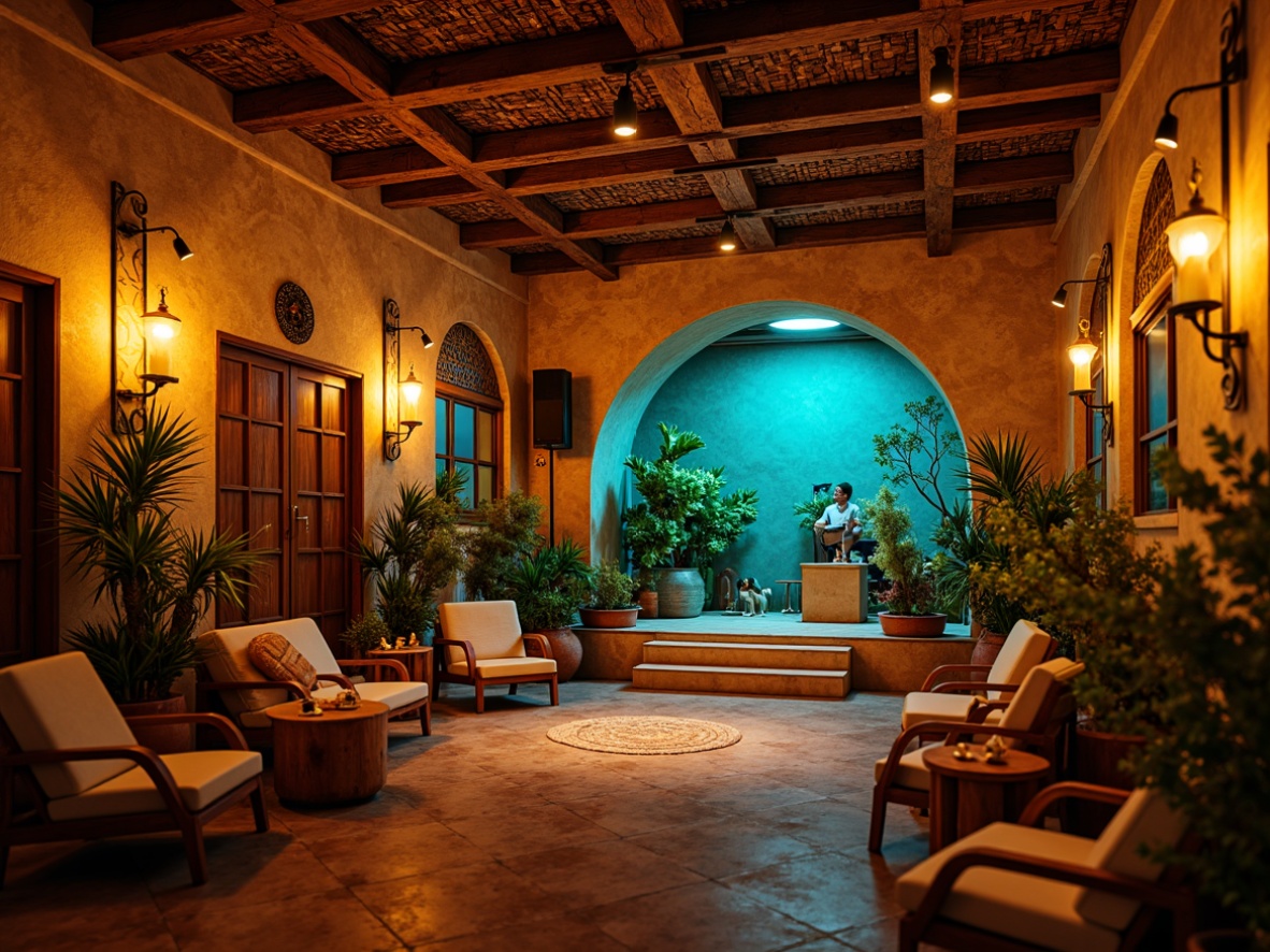 Prompt: Vibrant Mediterranean music venue, warm golden lighting, rustic wooden accents, ornate wrought iron fixtures, intimate stage settings, soft warm glow, candle-like ambiance, textured stone walls, decorative arches, vibrant turquoise hues, lush greenery, natural textiles, ambient occlusion, realistic shadows, shallow depth of field, 3/4 composition, panoramic view, warm color temperature, cozy atmosphere, lively entertainment.