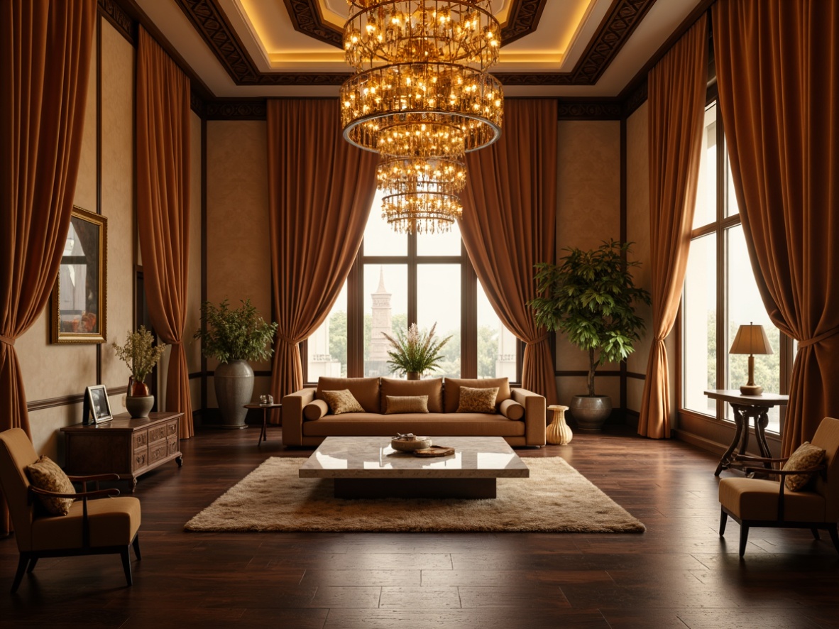 Prompt: Richly ornate chandeliers, lavish velvet drapes, warm beige walls, dark wood flooring, elegant marble tables, comfortable plush chairs, soft golden lighting, subtle texture overlays, 1/2 composition, atmospheric misting effects, realistic fabric simulations.