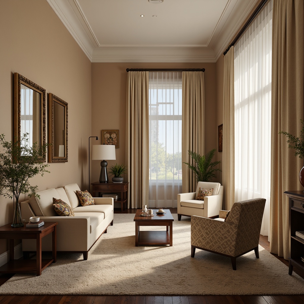 Prompt: \Elegant transitional interior, warm beige walls, rich wood flooring, plush area rugs, comfortable sofas, accent chairs, coffee tables, console tables, ornate mirrors, vintage decorative accessories, soft cream curtains, natural linen fabrics, subtle patterned textiles, warm task lighting, ambient floor lamps, 1/1 composition, realistic reflections, soft focus blur.\