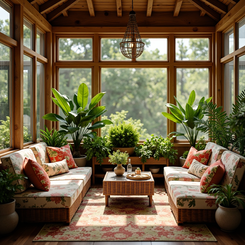 Prompt: Cozy sunroom, warm natural light, lush greenery, wicker furniture, plush cushions, vibrant floral patterns, botanical prints, rattan decor, earthy tones, soft warm lighting, 3/4 composition, shallow depth of field, realistic textures, ambient occlusion.