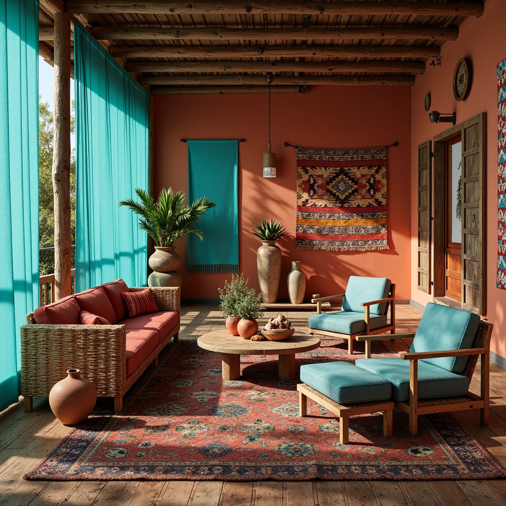 Prompt: Vibrant turquoise fabrics, geometric Aztec patterns, woven wicker furniture, rustic wooden accents, earthy terracotta vases, colorful serape blankets, distressed denim upholstery, bold red and orange hues, natural jute rugs, Southwestern-inspired tapestries, abstract Native American motifs, warm ambient lighting, shallow depth of field, 3/4 composition, panoramic view, realistic textures, ambient occlusion.