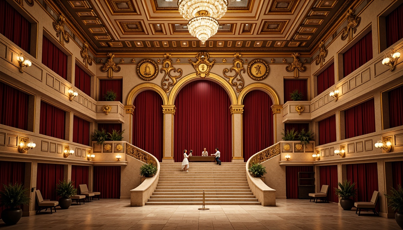 Prompt: Grandiose amphitheater, ornate Art Deco details, intricate geometric patterns, lavish golden accents, majestic arches, ornamental columns, luxurious marble floors, velvety red curtains, grand staircases, opulent chandeliers, subtle lighting effects, shallow depth of field, 1/1 composition, dramatic low-angle shot, vibrant warm colors, realistic textures, ambient occlusion.