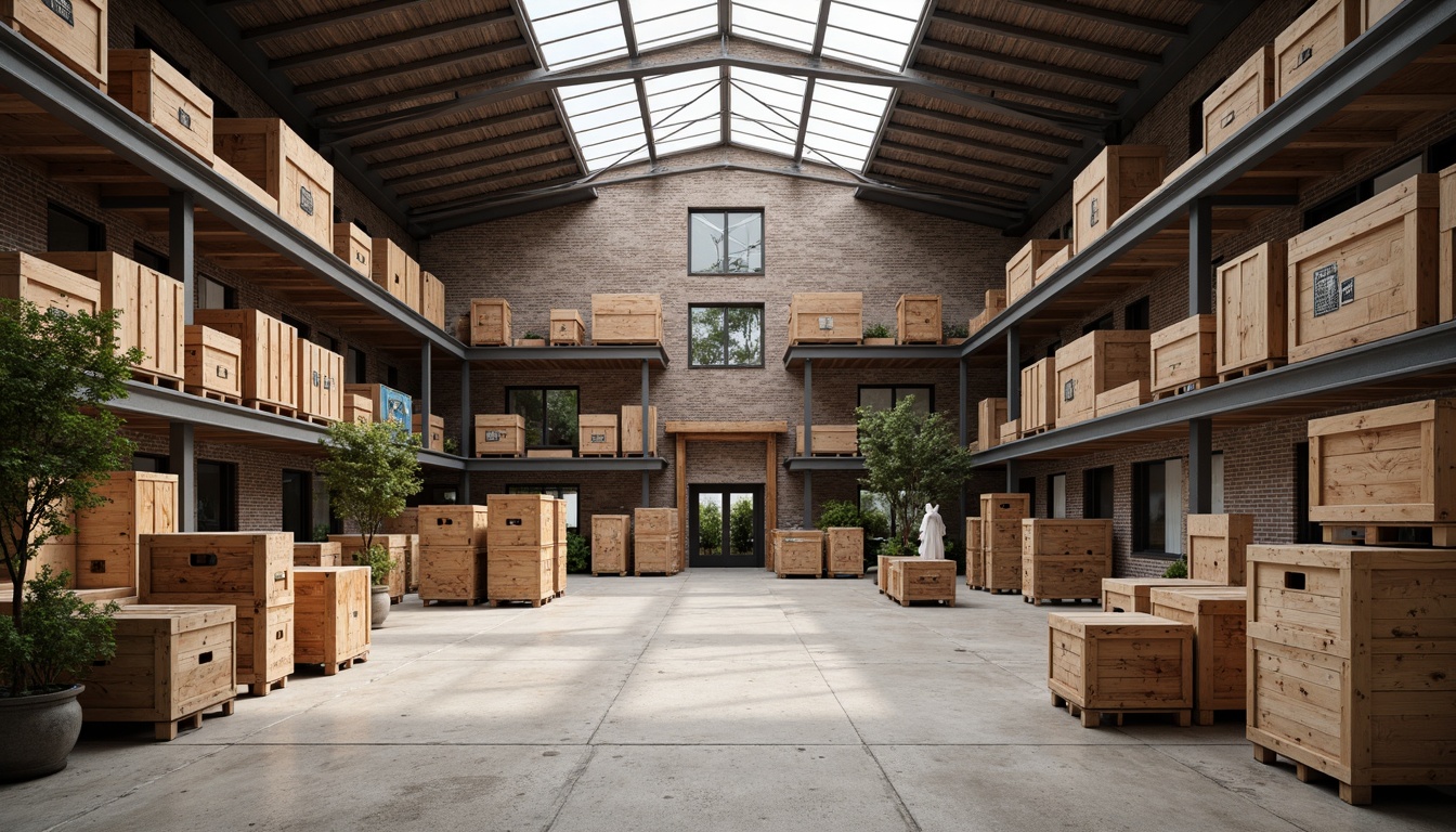 Prompt: Rustic distribution center, open layout, wooden crates, vintage industrial equipment, exposed brick walls, metal beams, reclaimed wood accents, earthy color palette, natural light pouring in, rustic signage, distressed textures, worn concrete floors, modern minimalistic furniture, functional lighting, airy atmosphere, 1/1 composition, shallow depth of field, realistic rendering.