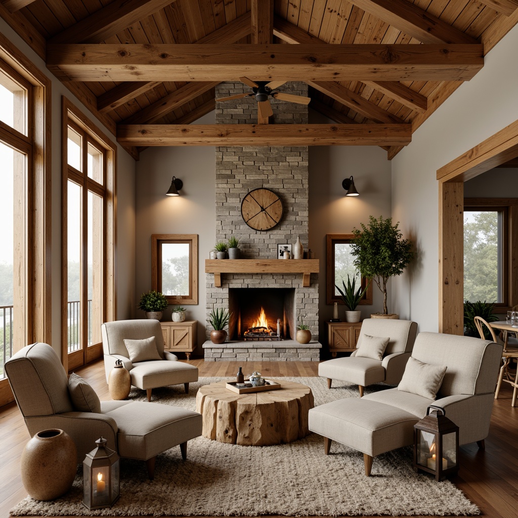 Prompt: Cozy craftsman-style interior, warm wood accents, exposed beam ceilings, stone fireplaces, earthy color palette, vintage metal lanterns, pendant lighting fixtures, rustic wooden chandeliers, soft warm glow, natural textures, organic patterns, warm beige tones, rich wood grains, distressed finishes, industrial metal shades, minimalist decor, neutral background, softbox lighting, 1/1 composition, realistic renderings.