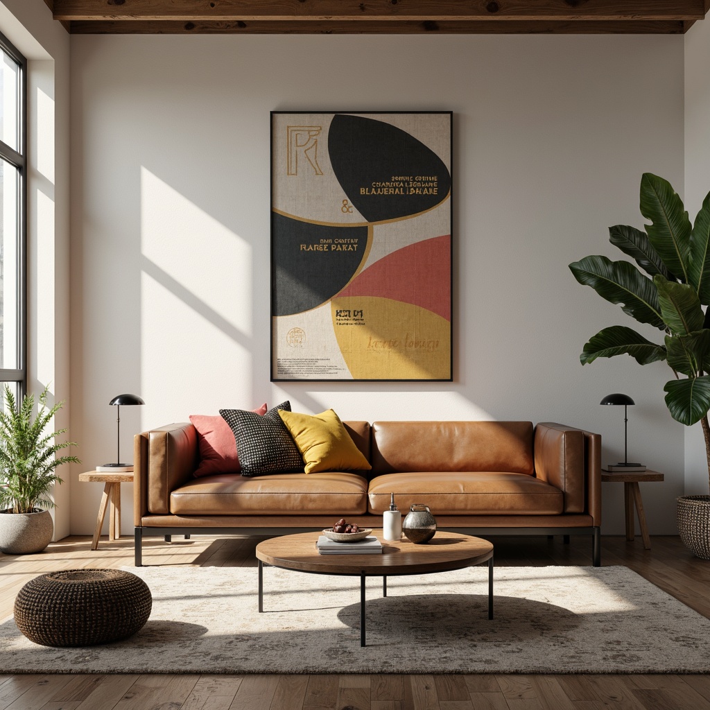 Prompt: Minimalist living room, industrial-chic decor, steel tube frames, leather upholstery, geometric shapes, primary color accents, functional simplicity, clean lines, rectangular forms, tubular metal legs, rich wood tones, elegant curves, luxurious textiles, bold typography, abstract artwork, natural materials, warm ambient lighting, 1/1 composition, shallow depth of field, realistic reflections.