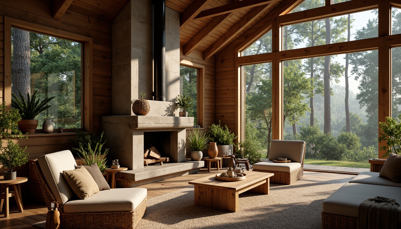 Prompt: Natural rustic cabin, reclaimed wood accents, earthy tone color palette, stone fireplace, woven wicker furniture, rattan decor, organic textures, natural light pouring in, warm cozy atmosphere, forest surroundings, trees towering above, misty morning fog, soft diffused lighting, 1/1 composition, intimate scale, tactile materials, earthy scent, serene ambiance.