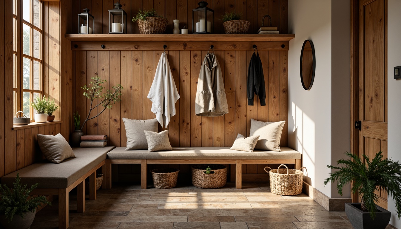 Prompt: Cozy mudroom, rustic wooden benches, plush cushions, soft velvet upholstery, distressed wood accents, natural stone flooring, woven wicker baskets, vintage metal lanterns, earthy color palette, warm golden lighting, shallow depth of field, 1/2 composition, realistic textures, ambient occlusion.