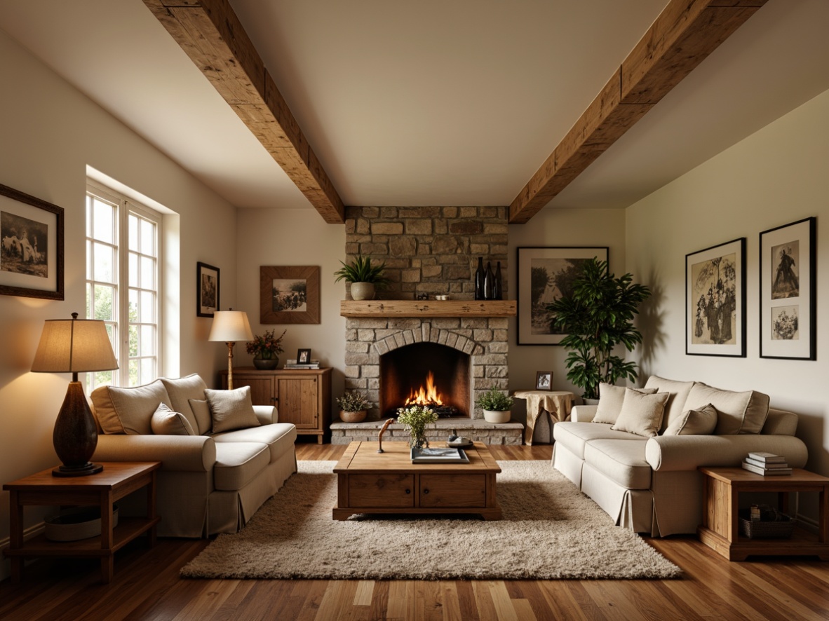 Prompt: Cozy family room, warm earthy tones, plush area rug, comfortable seating arrangement, rustic wooden coffee table, soft warm lighting, traditional furniture style, textured stone fireplace, natural oak hardwood flooring, creamy white walls, subtle cream-colored ceiling, 1/1 composition, intimate atmosphere, realistic textures, ambient occlusion.