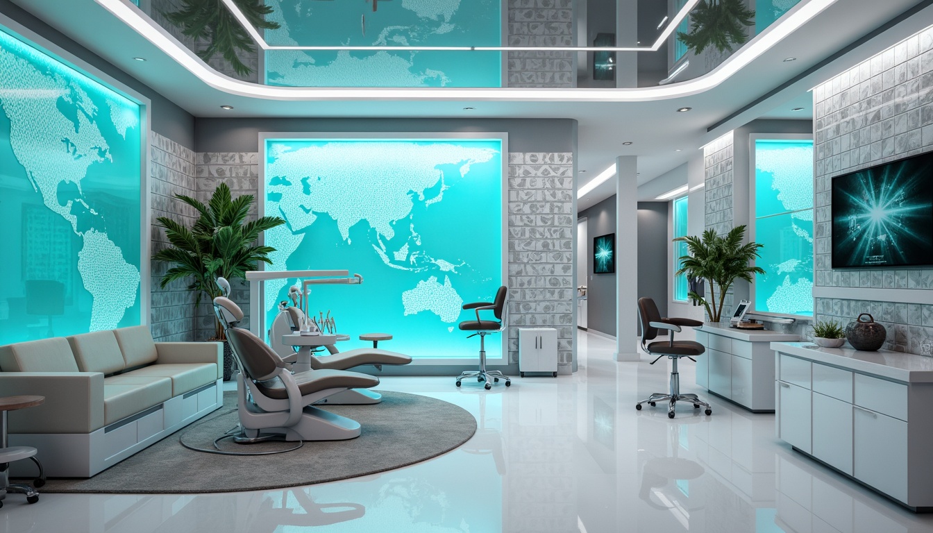 Prompt: Futuristic dental clinic, neon lights, metallic silver walls, glossy white floors, vibrant turquoise accents, sleek minimalist decor, modern ergonomic chairs, futuristic dental equipment, holographic displays, LED light installations, ambient blue glow, 3D-printed decorative panels, geometric patterns, high-gloss finishes, clean lines, minimalist color palette, clinical lighting, sterile atmosphere, advanced technology integration, modern art pieces, abstract sculptures.