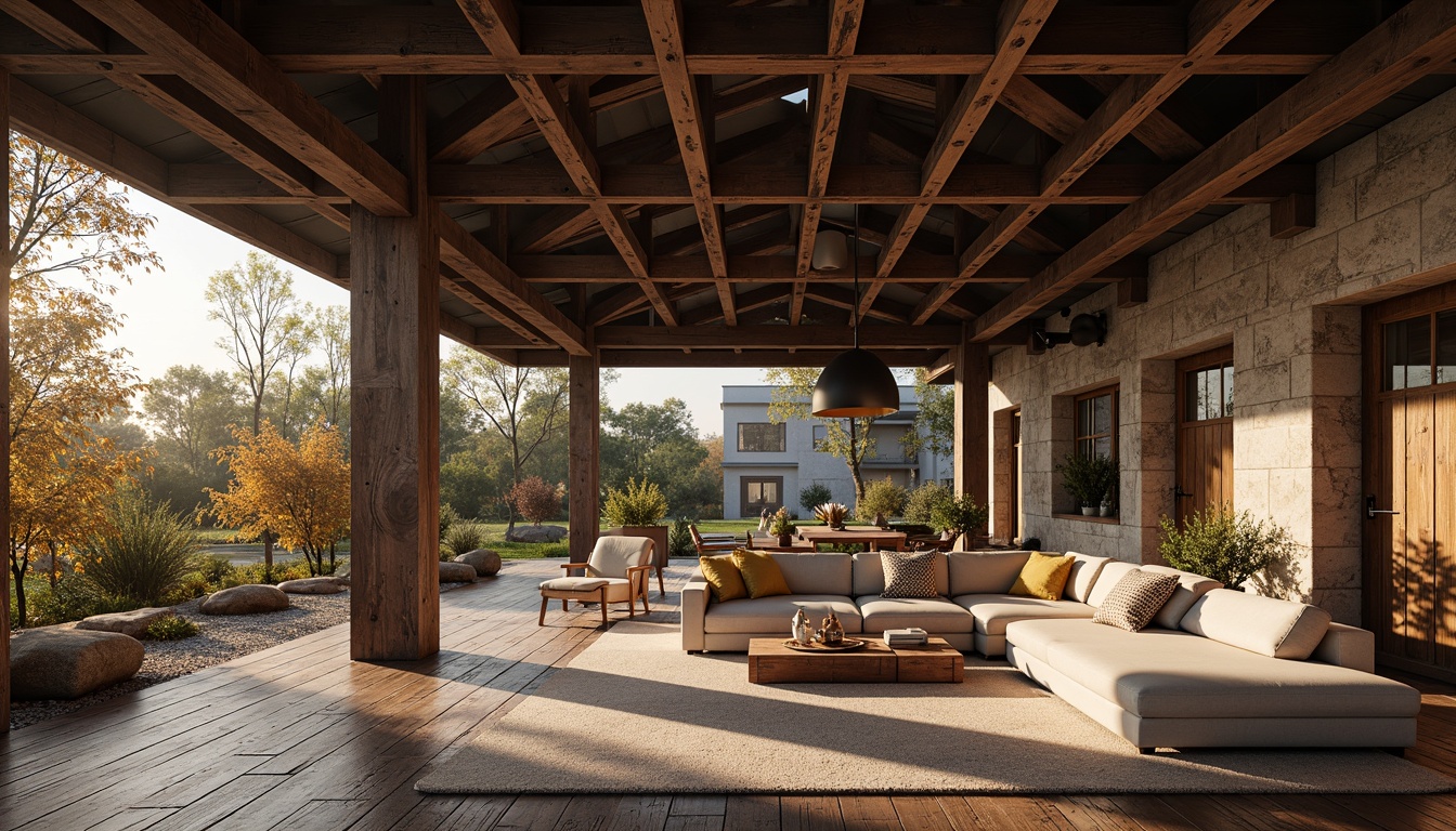 Prompt: Rustic steel-framed building, exposed beams, reclaimed wood accents, earthy tones, natural stone walls, wooden floors, metal roofing, industrial-style lighting, modern minimalist decor, cozy living spaces, warm color palette, autumnal atmosphere, dramatic shadows, shallow depth of field, 1/1 composition, realistic textures, ambient occlusion.