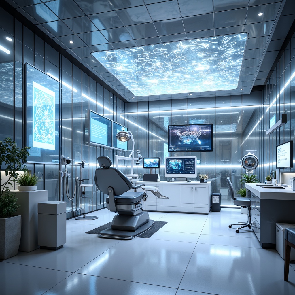 Prompt: Futuristic dental clinic interior, sleek metal walls, glossy acrylic surfaces, LED light installations, neon-lit ambiance, minimalist decor, geometric patterns, holographic displays, interactive screens, virtual reality experiences, sterile white floors, high-gloss ceilings, modern dental equipment, futuristic dentist chairs, ambient occlusion, shallow depth of field, 3/4 composition, panoramic view, realistic textures.