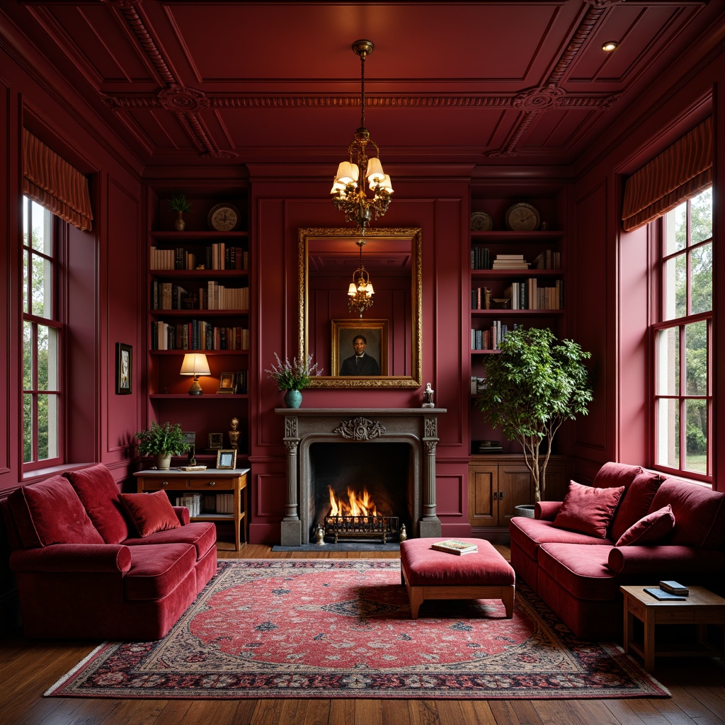 Prompt: Rich maroon walls, luxurious velvet fabrics, warm golden lighting, ornate wooden furniture, antique brass fixtures, cozy reading nooks, plush area rugs, deep crimson accents, subtle texture contrasts, inviting atmosphere, soft warm glow, intimate gathering spaces, classic traditional architecture, ornamental ceiling details, sophisticated color harmony, elegant interior design.