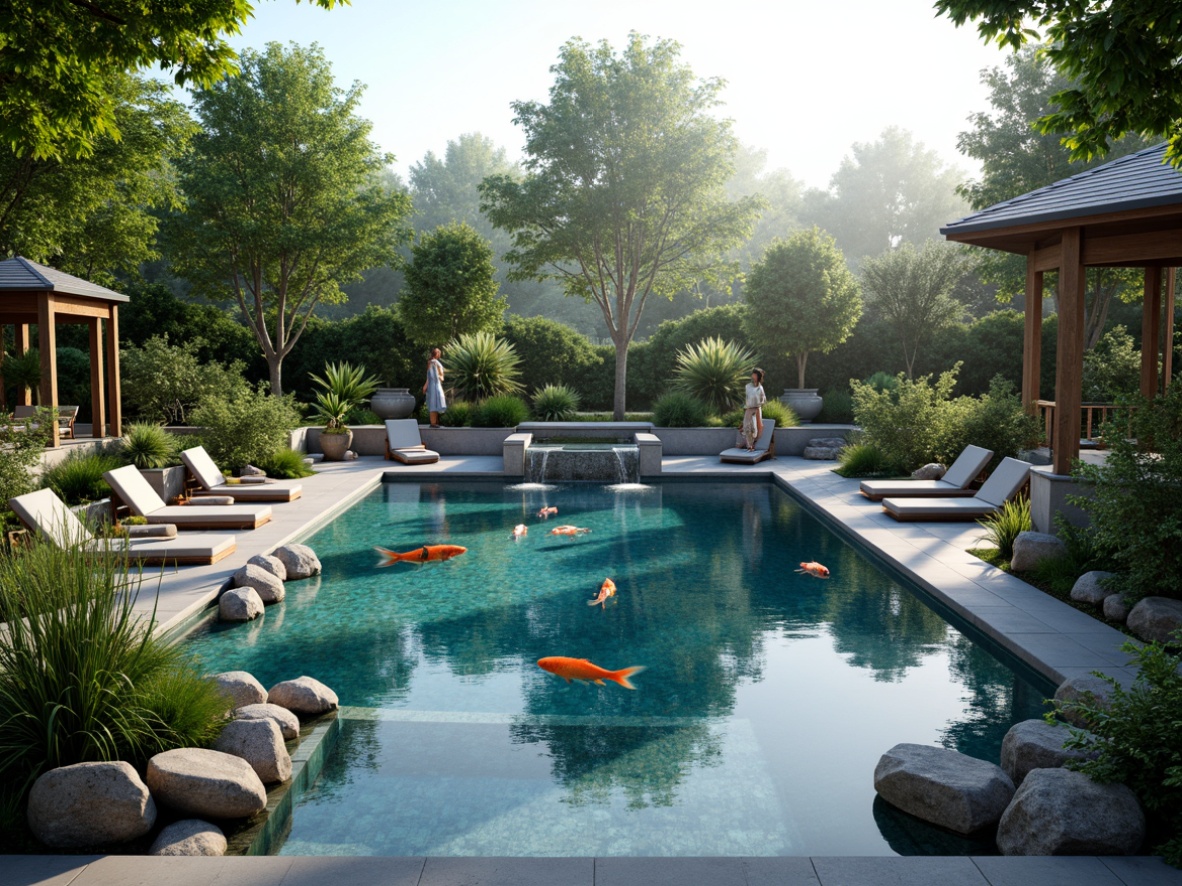 Prompt: Serenely landscaped Asian-style swimming pool, natural stone surrounds, lush greenery, vibrant koi fish, gentle waterfalls, tranquil ponds, bamboo accents, wooden decking, pagoda-inspired gazebos, subtle lighting, misty morning atmosphere, shallow depth of field, 1/1 composition, warm sunny day, realistic water textures, ambient occlusion.