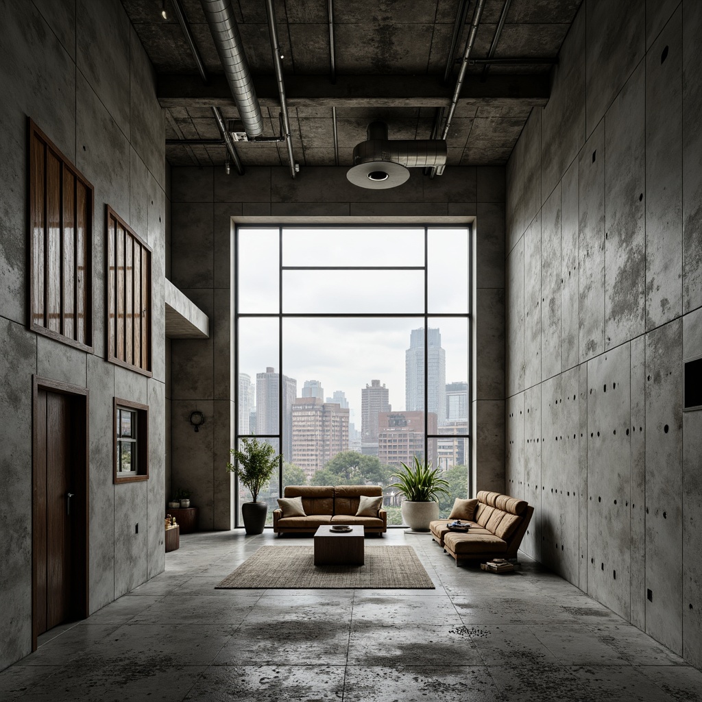 Prompt: Rough concrete walls, exposed ductwork, industrial metal beams, brutalist architecture, raw unfinished surfaces, distressed wood accents, rugged stone flooring, minimalist decor, functional simplicity, dramatic natural light, high ceilings, urban cityscape views, gritty realistic textures, subtle color palette, cinematic lighting, shallow depth of field, 2/3 composition, atmospheric misting effects.Let me know if you need any adjustments!