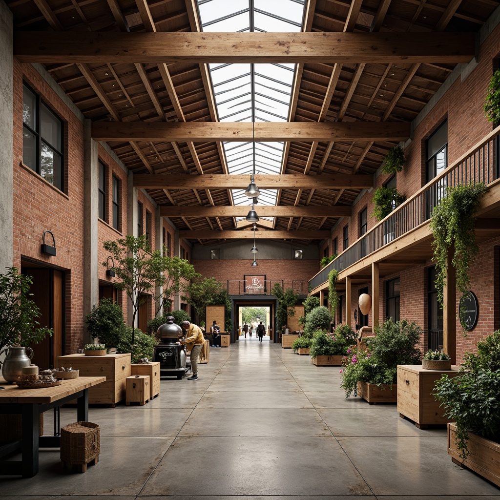 Prompt: Rustic distribution center, exposed wooden beams, reclaimed wood accents, earthy color palette, industrial metal machinery, vintage warehouse atmosphere, distressed brick walls, concrete flooring, natural stone columns, overhead skylights, abundant greenery, wooden crates, old-fashioned signage, warm ambient lighting, shallow depth of field, 2/3 composition, realistic textures, ambient occlusion.