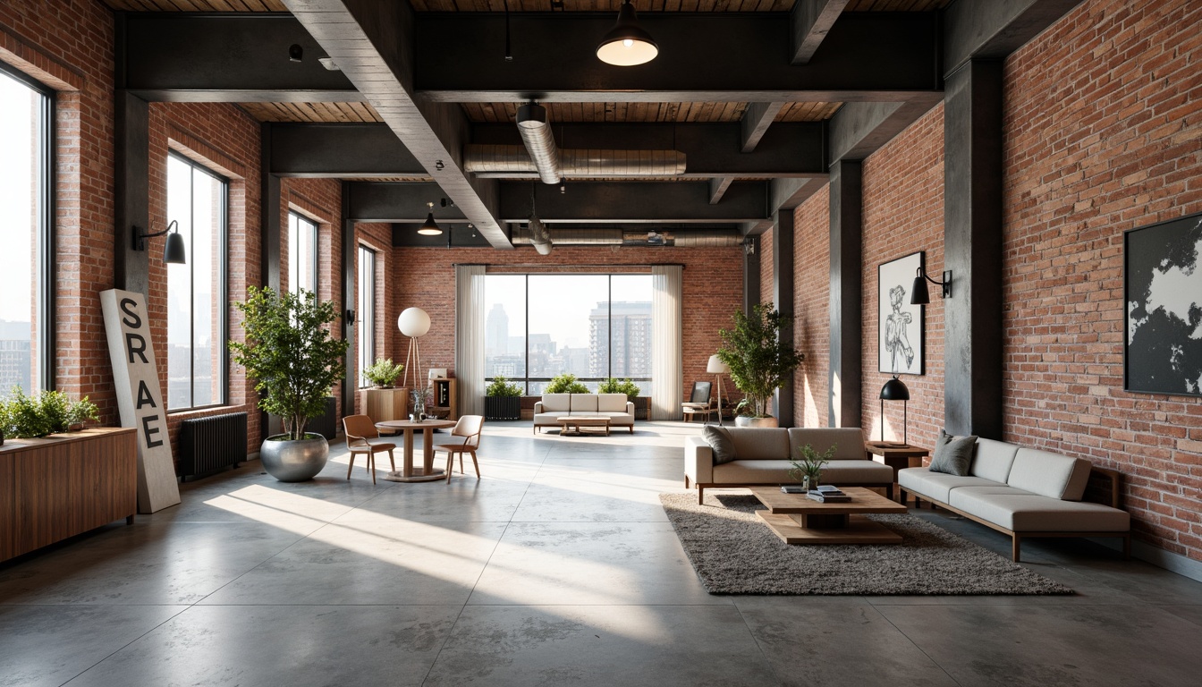 Prompt: Industrial chic loft, exposed brick walls, polished concrete floors, minimal ornamentation, functional simplicity, open space planning, airy atmosphere, abundant natural light, floor-to-ceiling windows, steel beams, wooden accents, geometric furniture, monochromatic color scheme, bold typography, modernist art pieces, urban cityscape views, soft warm lighting, shallow depth of field, 1/1 composition, panoramic view, realistic textures, ambient occlusion.