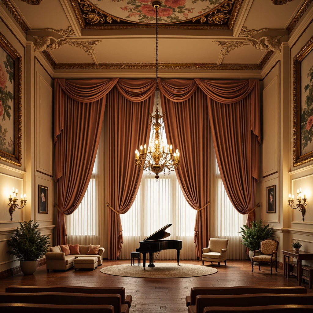 Prompt: Distressed velvet curtains, antique golden frames, soft pastel colors, ornate chandeliers, rustic wooden floors, vintage furniture, lace drapery, floral patterns, cream-colored walls, warm candlelight, intimate stage setting, grand piano, acoustic instruments, dramatic spotlights, 1/2 composition, low-key lighting, realistic textures, subtle grain effect.