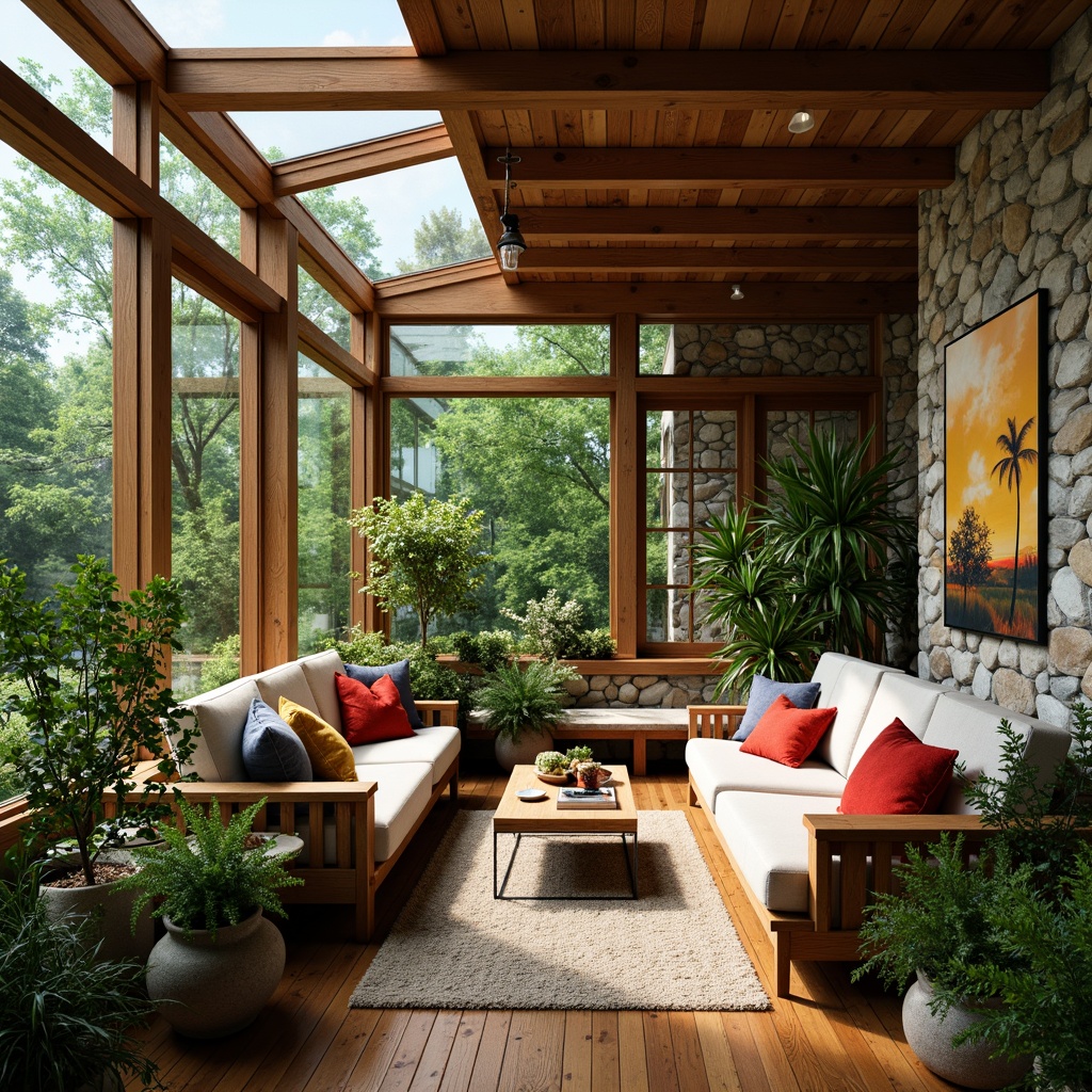 Prompt: Cozy sunroom, lush greenery, natural stone walls, large windows, sliding glass doors, warm wooden floors, plush furnishings, vibrant colorful throw pillows, rustic metal decor, nature-inspired artwork, soft warm lighting, shallow depth of field, 1/1 composition, realistic textures, ambient occlusion.