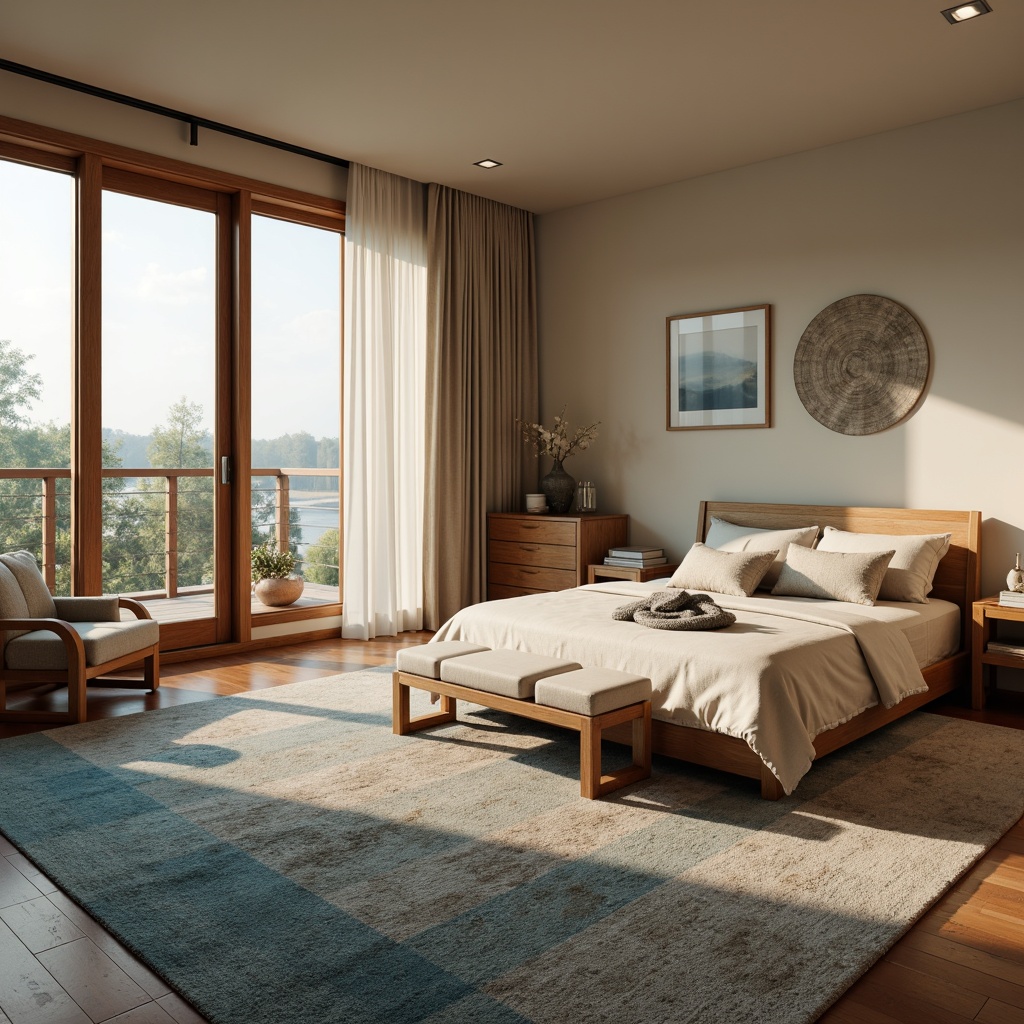 Prompt: Cozy bedroom, warm earthy tones, soft pastel hues, calming blue accents, plush carpets, velvety textiles, natural wood furniture, minimalist decor, serene ambiance, relaxing atmosphere, gentle lighting, subtle shading, 1/1 composition, intimate framing, realistic textures, ambient occlusion.