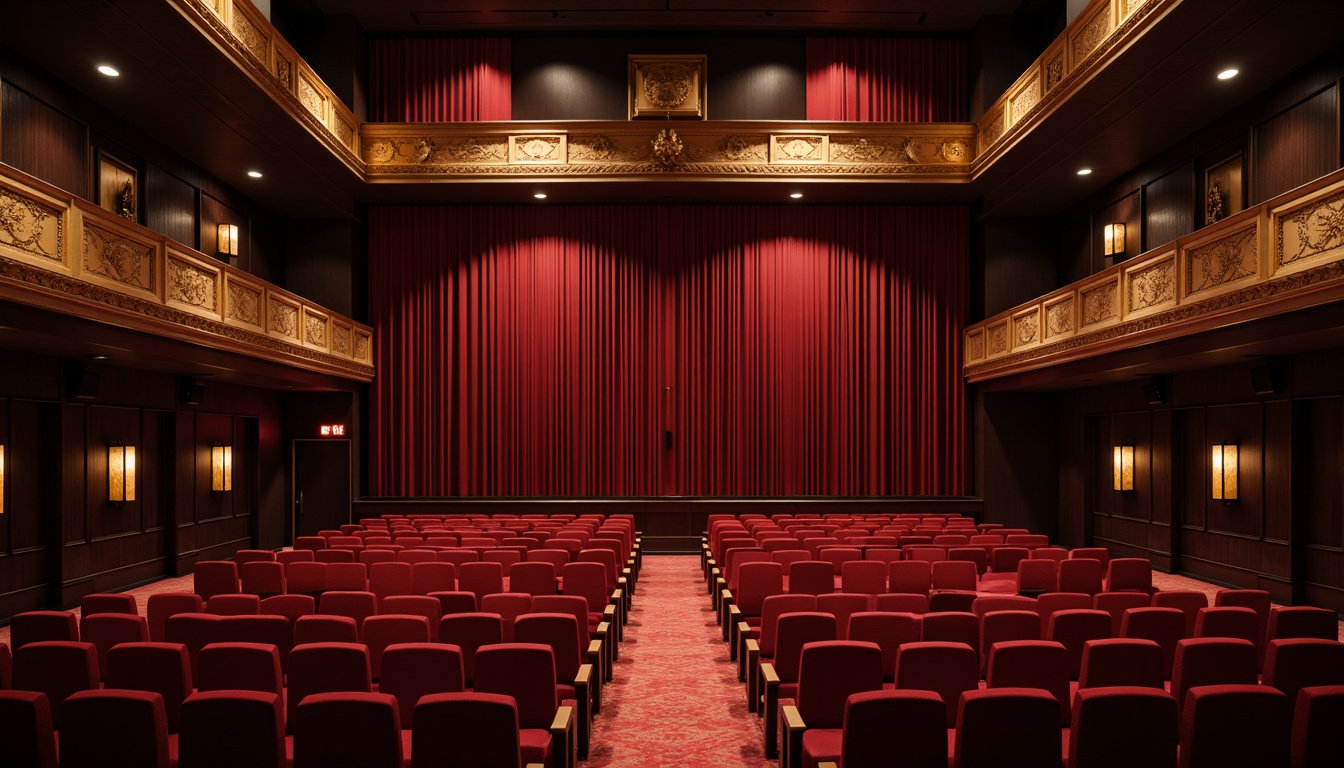 Prompt: Luxurious auditorium interior, rich velvet curtains, ornate golden accents, sophisticated dark wood tones, plush red seating, dramatic spotlights, soft warm ambiance, 3/4 composition, shallow depth of field, cinematic lighting, realistic textures, ambient occlusion.