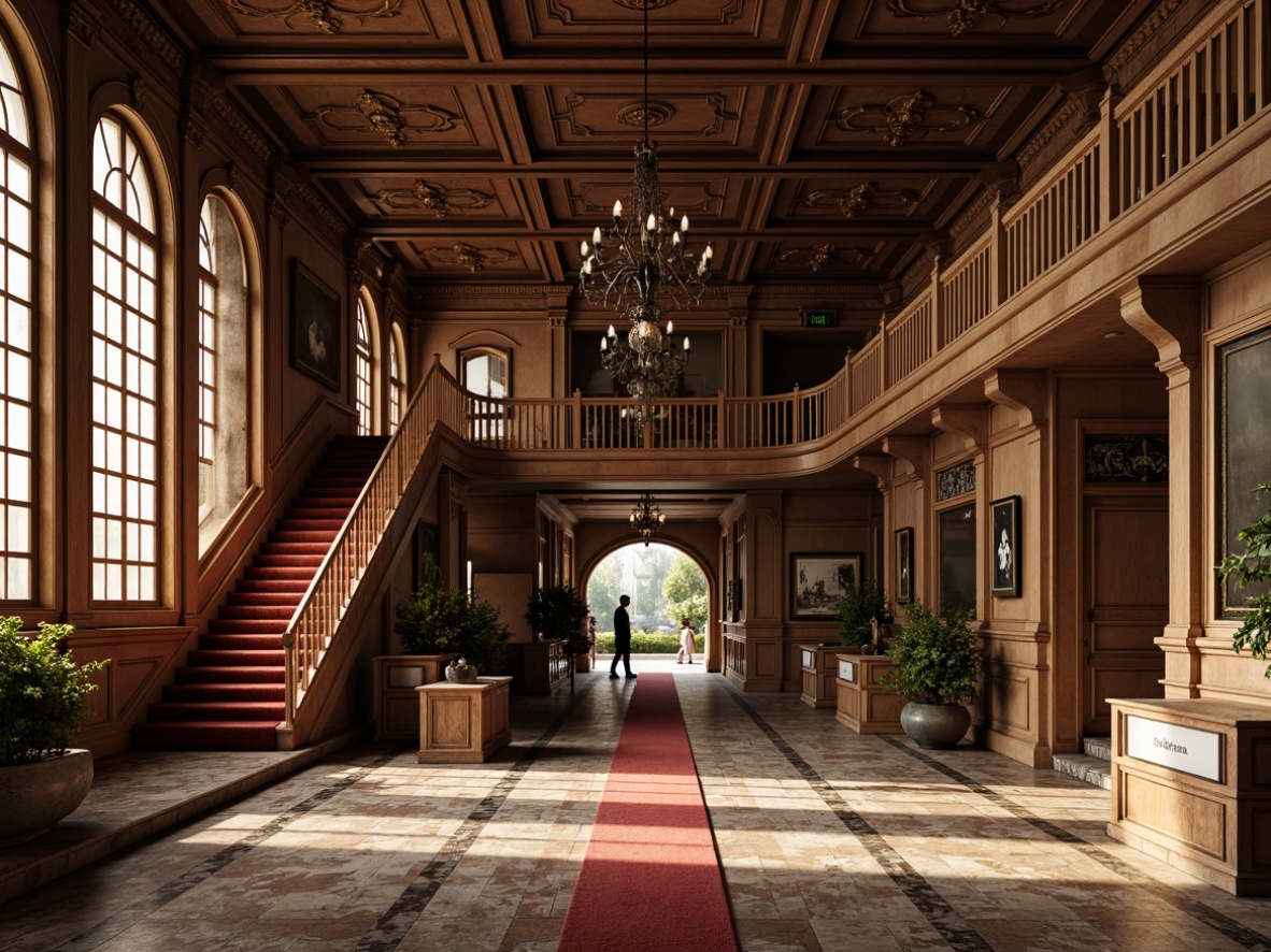 Prompt: Intricate Renaissance-style museum interior, polished marble floors, ornate tile patterns, rich wooden paneling, luxurious velvet carpets, grand staircases, sweeping archways, high ceilings, ornamental chandeliers, warm golden lighting, subtle shadows, 1/1 composition, detailed textures, realistic reflections.