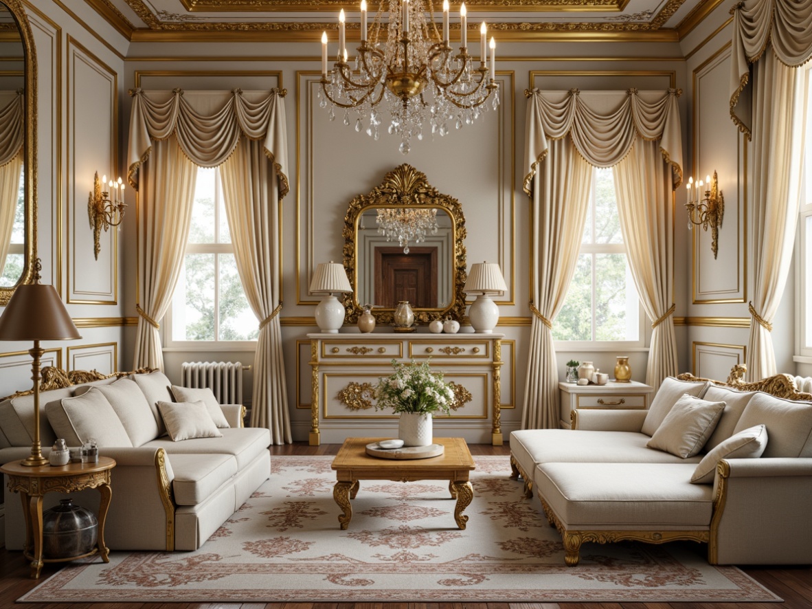 Prompt: Rich ornate furniture, lavish golden accents, soft creamy whites, pale pastel hues, delicate floral patterns, intricate carvings, velvet drapes, crystal chandeliers, ornate mirrors, luxurious fabrics, tufted upholstery, antique hardware, distressed wood finishes, warm candlelight, shallow depth of field, 1/2 composition, realistic textures, ambient occlusion.