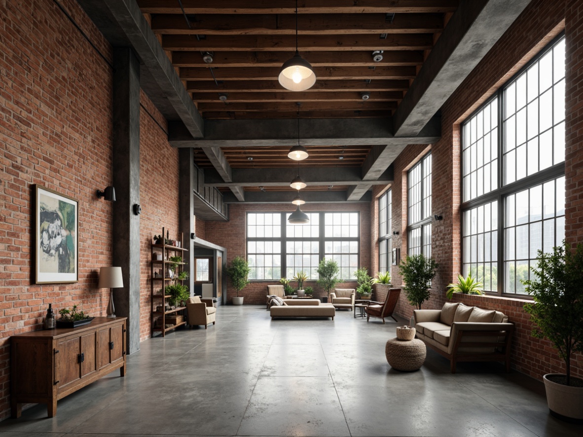 Prompt: Exposed brick walls, industrial-style lighting fixtures, metal beams, reclaimed wood accents, distressed finishes, urban loft atmosphere, converted warehouse space, functional mechanical systems, visible ductwork, concrete floors, minimalist decor, utilitarian furniture, eclectic art pieces, steel windows, aluminum frames, modern industrial chic aesthetic, high ceilings, open floor plans, natural light pouring in, atmospheric misting, shallow depth of field, 1/1 composition, realistic textures.