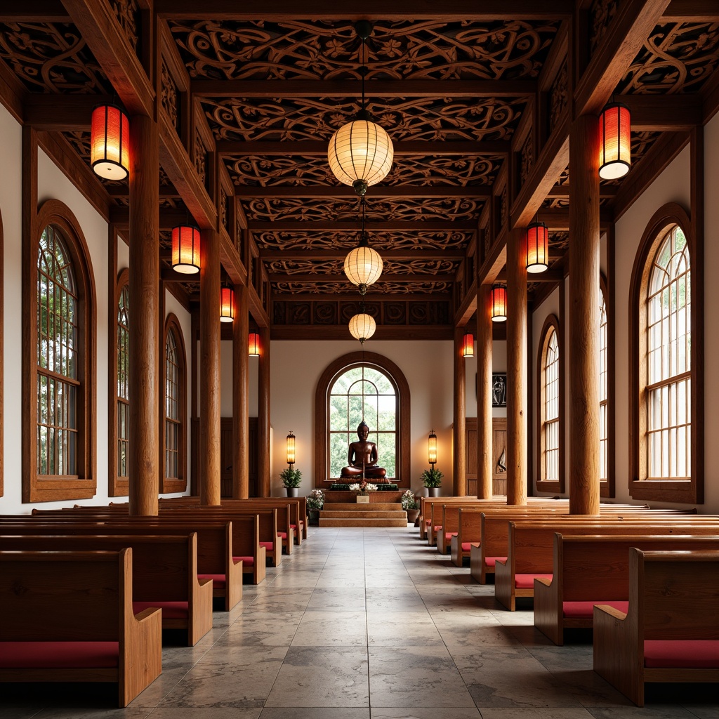 Prompt: Intricate wooden carvings, traditional Asian lanterns, serene Buddha statues, natural stone floors, minimalist pews, vibrant red accents, elegant curved lines, subtle lighting fixtures, harmonious spatial layout, airy open spaces, gentle warm color palette, cultural symbolic ornaments, peaceful ambiance, shallow depth of field, 1/2 composition, soft focus effect.