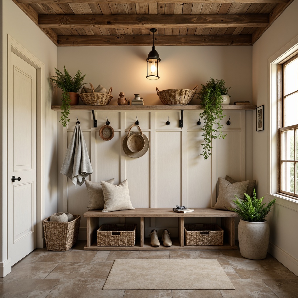 Prompt: Transitional style mudroom, rustic wooden bench, natural stone flooring, earthy tone walls, pendant lanterns, warm soft lighting, cozy atmosphere, woven baskets, vintage outdoor gear, nature-inspired accents, distressed wood shelves, industrial metal hooks, functional storage units, warm beige tones, soft cream colors, inviting textures, subtle shadows, 1/1 composition, realistic render, ambient occlusion.