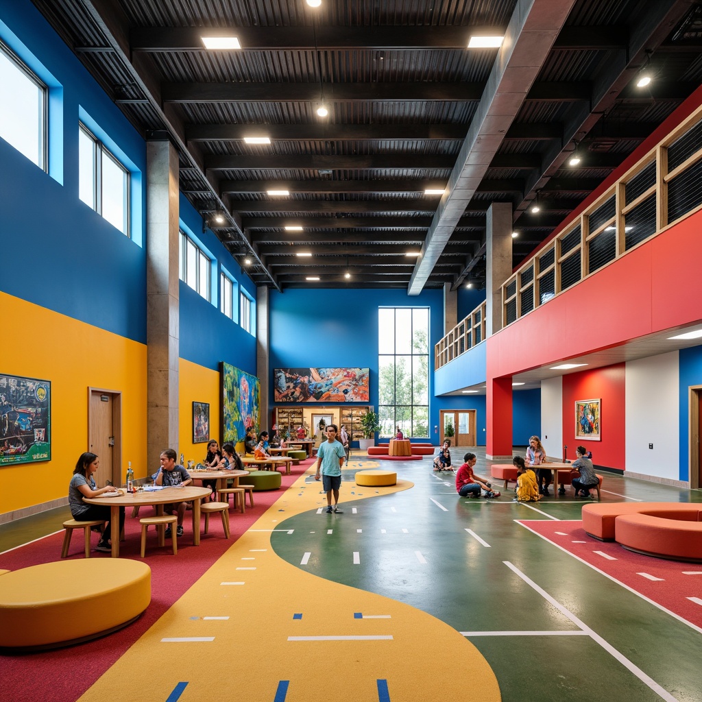 Prompt: Vibrant youth center, dynamic atmosphere, energetic vibe, colorful walls, modern furniture, durable flooring, rubber sports surfaces, shock-absorbing underlayment, bright LED lighting, open spaces, flexible seating areas, collaborative zones, writable walls, educational displays, fun recreational facilities, safety railings, acoustic ceiling tiles, sound-absorbing materials, easy maintenance, slip-resistant coatings, high-traffic durability, sustainable eco-friendly options.