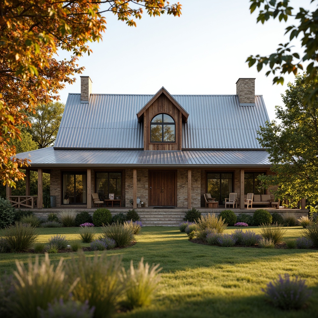 Prompt: Rustic farmhouse, pitched metal roofs, wooden accents, vintage barn doors, distressed finishes, natural stone foundations, wooden beams, exposed brick walls, classic porch designs, wooden rocking chairs, lush greenery, wildflowers, rural landscape, warm sunny day, soft golden lighting, shallow depth of field, 1/2 composition, realistic textures, ambient occlusion.