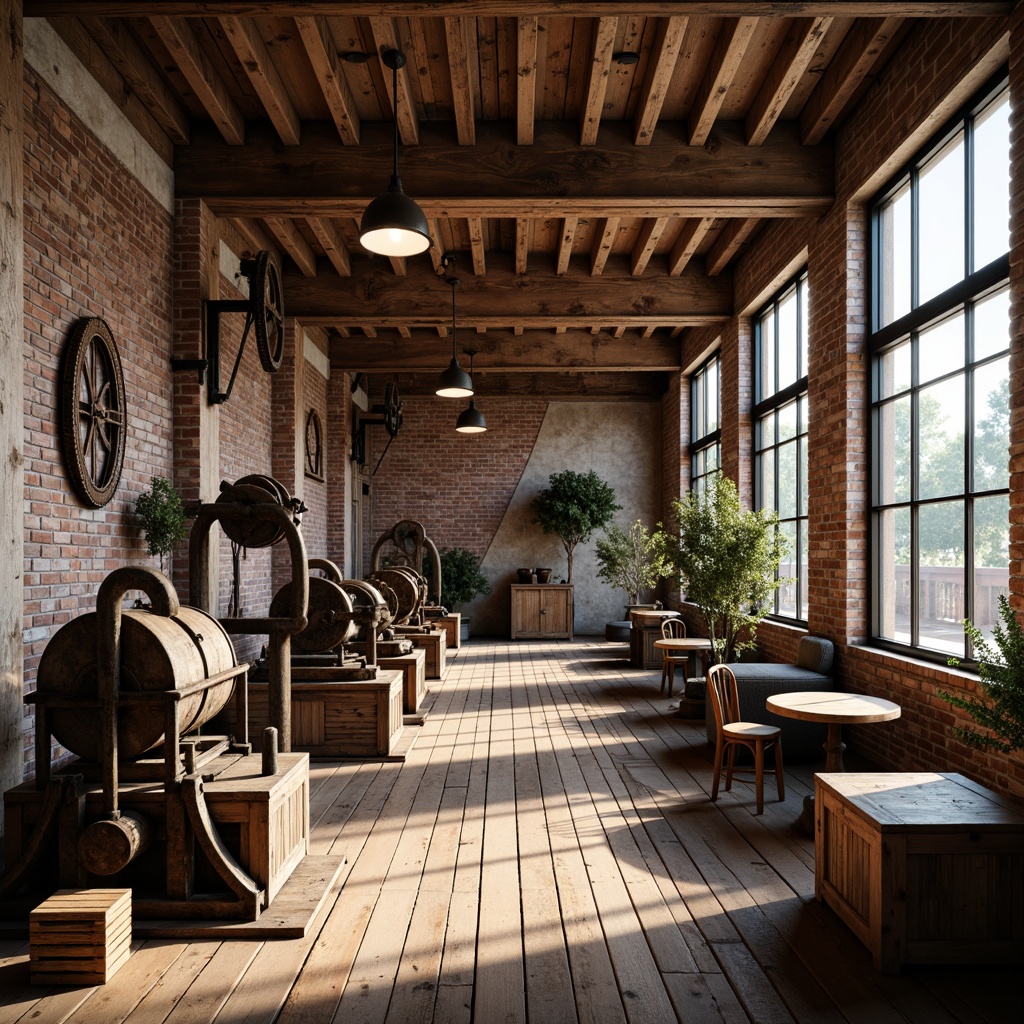 Prompt: Rustic wooden beams, distressed metal accents, vintage industrial lighting, exposed brick walls, reclaimed wood flooring, earthy color palette, metal pulley systems, wooden crates, old factory windows, metal gears, rusty machinery parts, urban loft atmosphere, warm cozy ambiance, soft natural light, shallow depth of field, 1/1 composition, realistic textures, ambient occlusion.