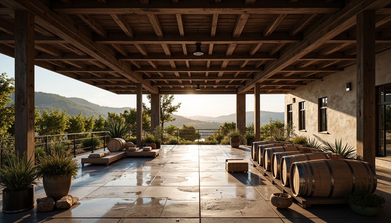 Prompt: Rustic winery, open space, minimalist architecture, industrial metal beams, reclaimed wood accents, stone flooring, large wooden barrels, wine cellar, dim warm lighting, soft shadows, natural textures, earthy tones, vineyard views, rolling hills, sunny afternoon, shallow depth of field, 2/3 composition, atmospheric perspective, realistic reflections.