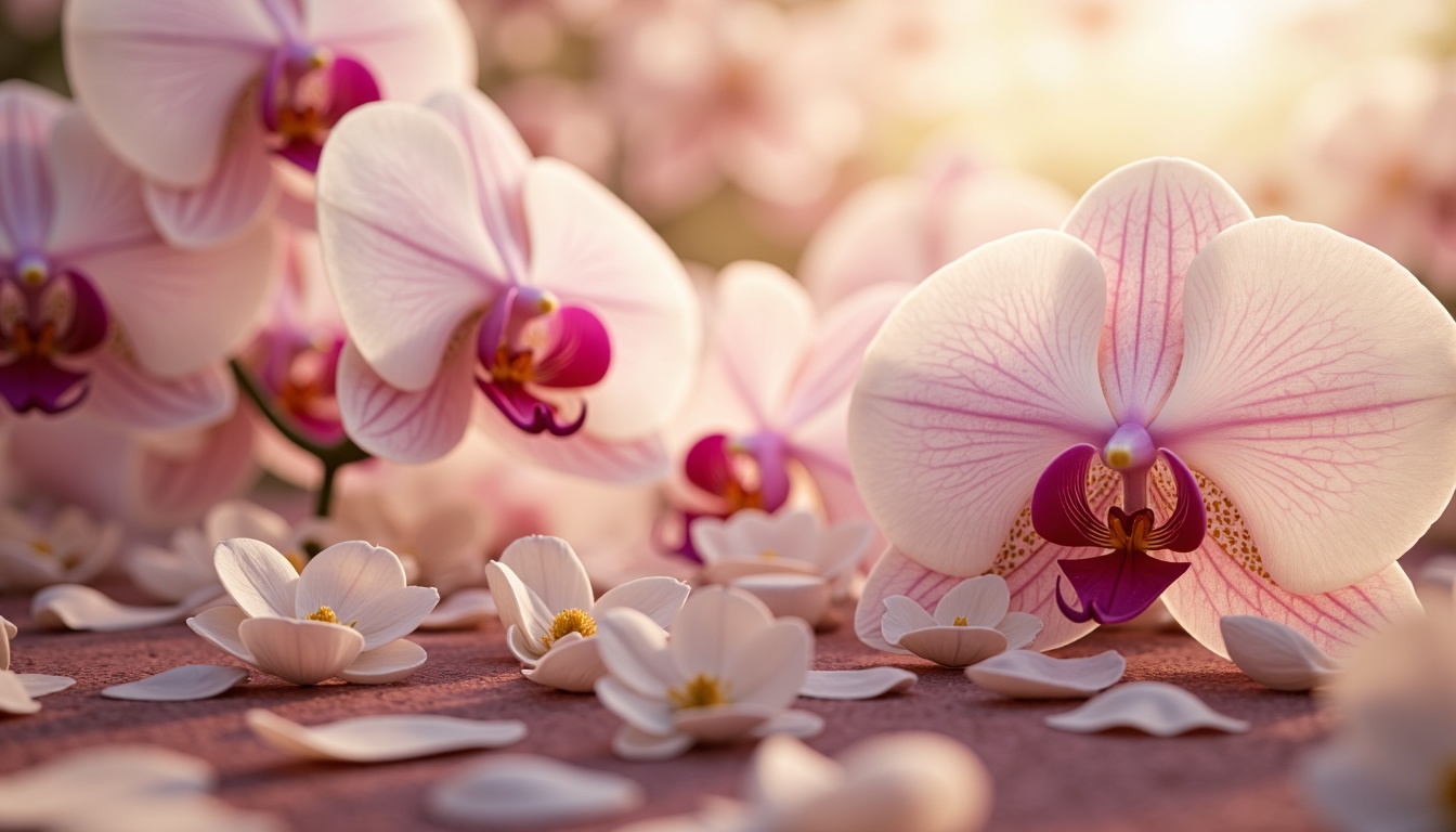 Prompt: Delicate orchid flowers, soft pastel hues, gentle petals, creamy whites, rich berry tones, luxurious velvety textures, subtle gradient effects, warm golden lighting, shallow depth of field, 1/2 composition, intimate close-up shots, realistic renderings, ambient occlusion, elegant typography, ornate patterns, vintage-inspired designs, whimsical illustrations, romantic atmosphere, serene ambiance.