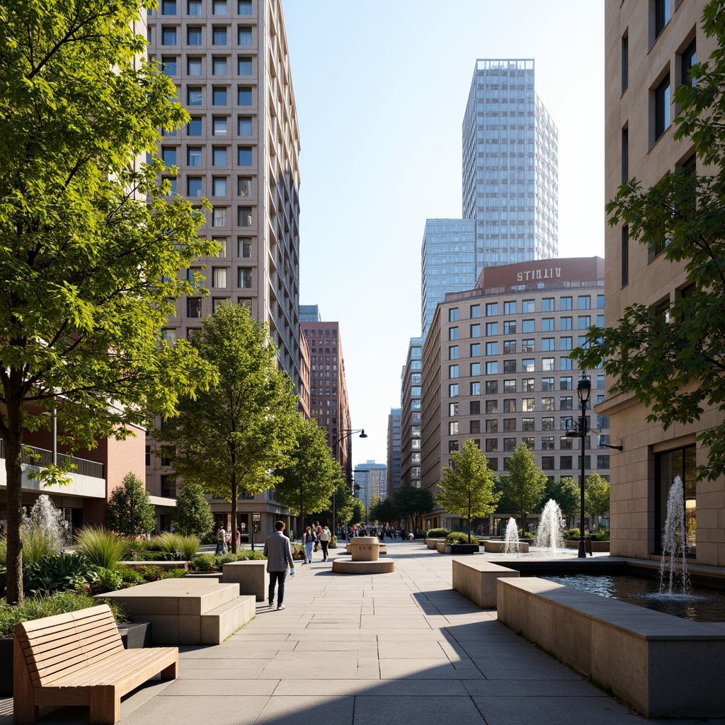 Prompt: Vibrant public plaza, lush greenery, interactive fountains, wooden benches, community art installations, pedestrian-friendly walkways, modern streetlights, urban skyscrapers, glass facades, bustling atmosphere, warm sunny day, soft natural lighting, shallow depth of field, 3/4 composition, panoramic view, realistic textures, ambient occlusion.