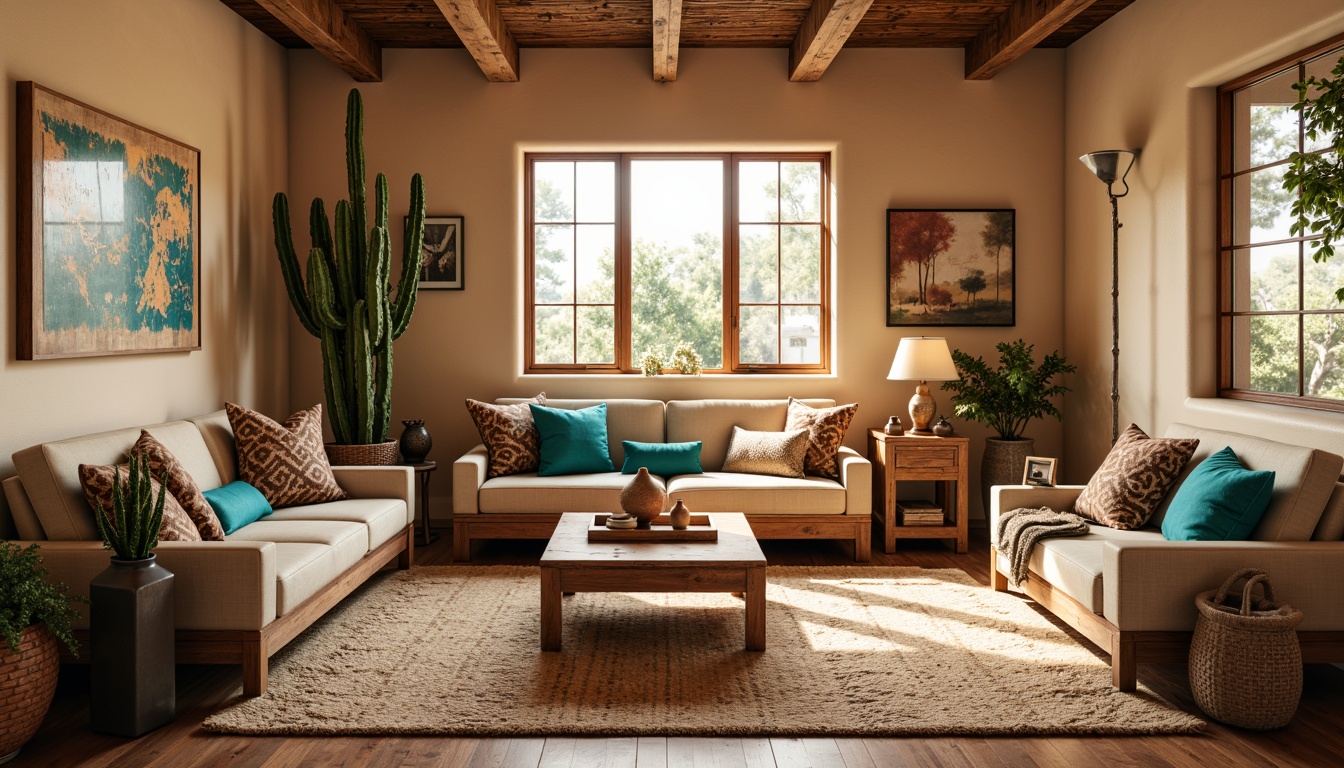 Prompt: Southwestern-style living room, earthy tone color palette, warm beige walls, rustic wooden furniture, woven textiles, vibrant turquoise accents, plush area rugs, geometric patterned throw pillows, natural fiber upholstery, reclaimed wood coffee tables, clay pottery vases, cacti plants, sun-drenched windows, soft warm lighting, 1/1 composition, shallow depth of field, realistic textures, ambient occlusion.