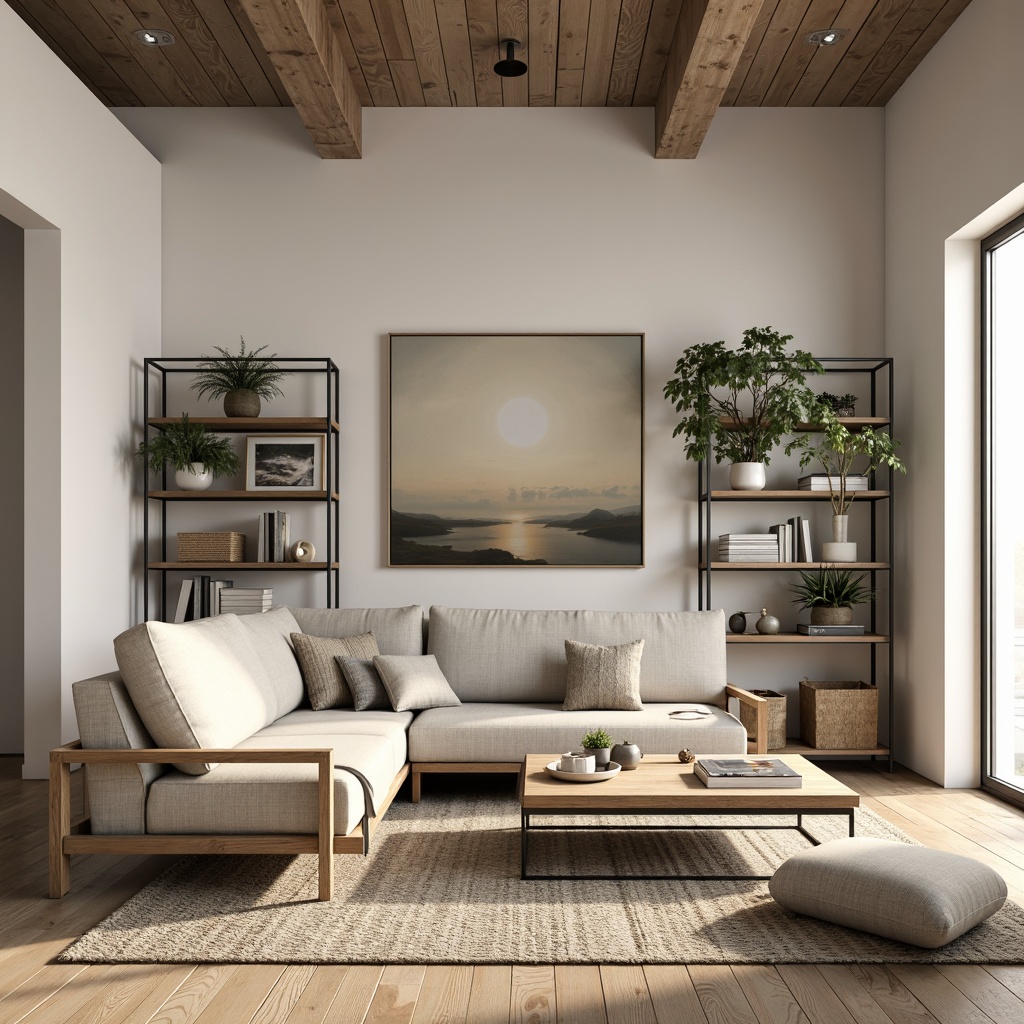 Prompt: Minimalist living room, sleek wooden furniture, clean lines, neutral color palette, natural textiles, woven baskets, geometric patterns, subtle Nordic accents, warm soft lighting, cozy atmosphere, functional storage solutions, multi-purpose shelving units, comfortable sofas, plush throw pillows, rustic wooden flooring, industrial metal accents, plants on shelves, airy open space, 1/1 composition, soft focus, realistic render.