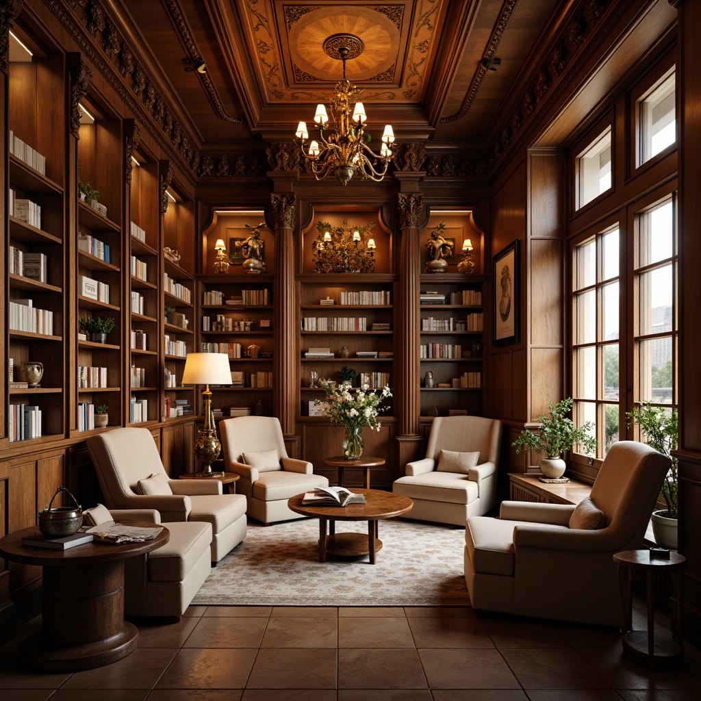 Prompt: Cozy reading nooks, plush velvet armchairs, wooden bookshelves, classic literature displays, warm golden lighting, rich wood paneling, ornate moldings, comfortable cushioning, soft beige upholstery, elegant chandeliers, subtle fragrance of old books, peaceful atmosphere, natural stone floors, grand archways, high ceilings, rustic wooden tables, leather-bound tomes, vintage reading lamps, soft warm color palette, shallow depth of field, 3/4 composition, realistic textures, ambient occlusion.