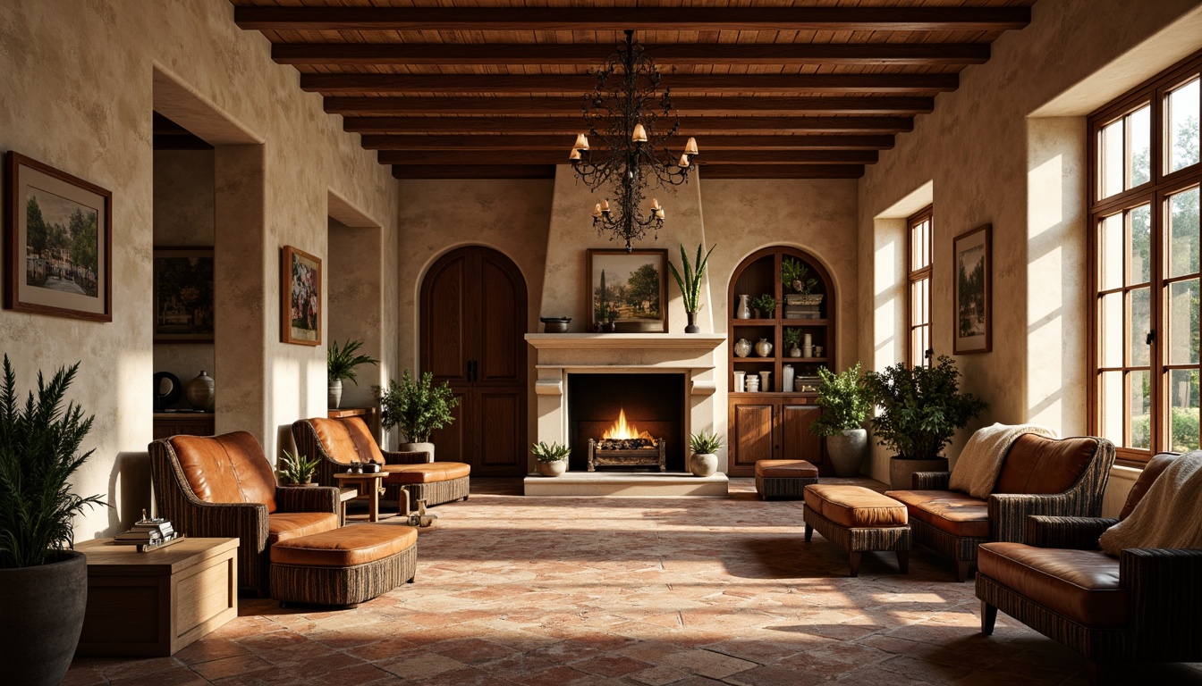 Prompt: Rustic hall, warm earthy tones, natural wood accents, wooden beam ceilings, exposed brick walls, stucco finishes, rough-hewn stone fireplaces, soft warm lighting, cozy atmosphere, comfortable furniture, woven textiles, vintage decorations, classic built-in cabinetry, ornate metalwork, distressed wood paneling, rich leather upholstery, elegant chandeliers, subtle color palette, 1/2 composition, soft focus, realistic textures, ambient occlusion.