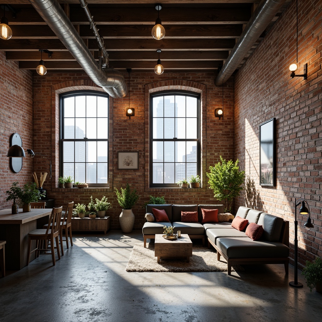 Prompt: Rustic industrial setting, exposed brick walls, metal beams, reclaimed wood accents, vintage machinery, distressed textures, urban cityscape, converted warehouse, modern minimalist decor, Edison bulb lighting, polished concrete floors, metallic color scheme, functional pipes, industrial-style furniture, urban loft atmosphere, natural light pouring in, shallow depth of field, 3/4 composition, realistic materials, ambient occlusion.