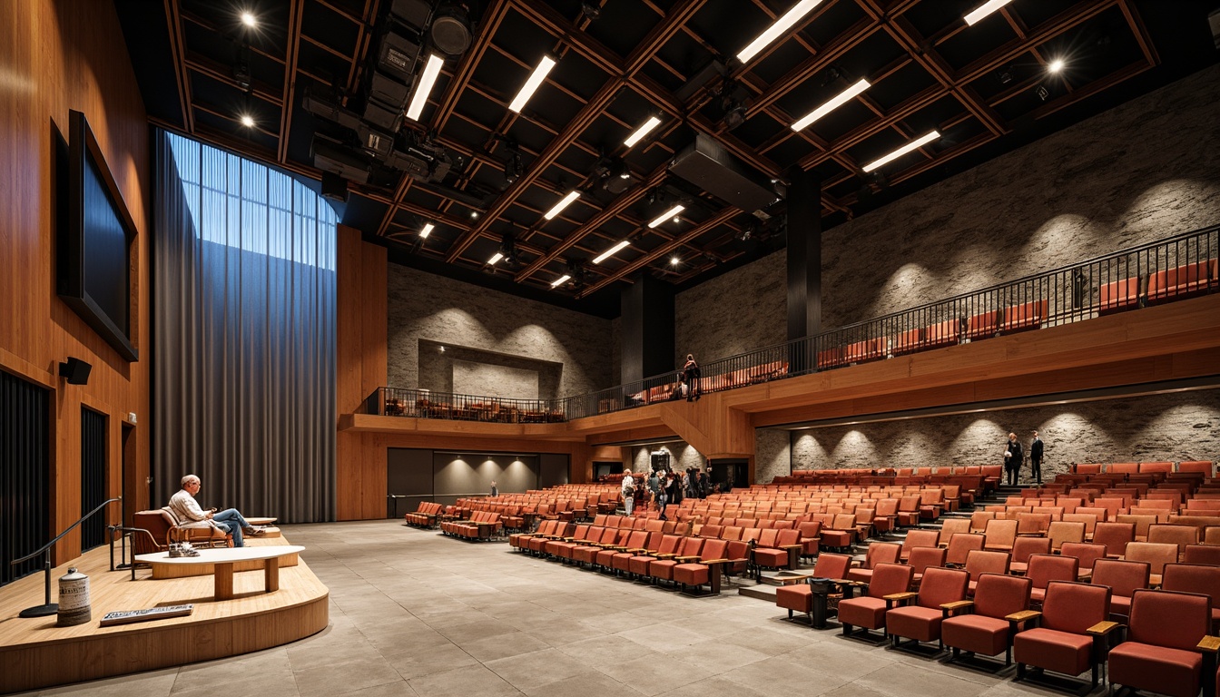 Prompt: Transitional performing arts center, sleek glass fa\u00e7ade, warm wood tones, polished concrete floors, acoustic panels, velvet curtains, luxurious fabric upholstery, metallic accents, LED stage lighting, catwalk balconies, suspended ceilings, open floor plans, flexible seating arrangements, movable partitions, natural stone walls, reclaimed wood features, industrial chic details, dynamic spatial flow, high-contrast color scheme, dramatic spotlighting, 1/1 composition, shallow depth of field, realistic textures.