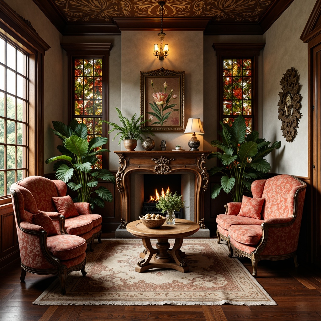 Prompt: Intricate ornate furniture, flowing organic curves, sinuous lines, botanical motifs, stained glass accents, luxurious velvet fabrics, rich wooden tones, carved decorative panels, elegant cabriole legs, subtle Art Nouveau patterns, warm golden lighting, cozy intimate atmosphere, vintage decorative accessories, distressed finishes, eclectic global influences, whimsical feminine touches, nature-inspired carvings.