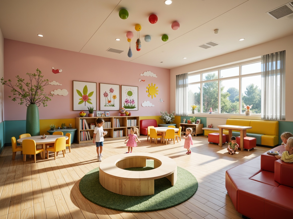 Prompt: Vibrant kindergarten interior, playful color accents, soft pastel hues, whimsical wall murals, circular tables, tiny chairs, educational toys, interactive learning tools, natural wood flooring, bright windows, cozy reading nooks, plush area rugs, stimulating artwork, imaginative play structures, collaborative workspaces, joyful atmosphere, warm task lighting, shallow depth of field, 1/1 composition, realistic textures, ambient occlusion.