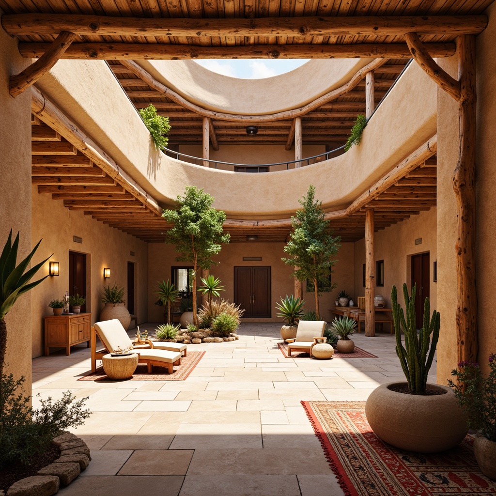 Prompt: Vibrant southwestern-themed exhibition center, open courtyard, rustic wooden accents, natural stone flooring, adobe-inspired architecture, curved lines, earthy color palette, desert botanicals, cacti arrangements, woven textiles, tribal patterned rugs, warm golden lighting, shallow depth of field, 1/2 composition, panoramic view, realistic textures, ambient occlusion.