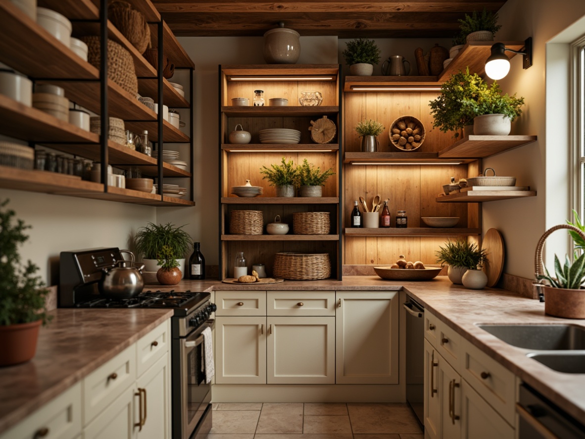 Prompt: Cozy pantry, warm wooden shelves, rustic metal racks, soft ambient lighting, earthy tone color scheme, natural stone countertops, rich wood grain textures, woven baskets, ceramic jars, vintage kitchen utensils, warm beige walls, creamy white cabinets, soft sage green accents, subtle copper hardware, inviting atmosphere, shallow depth of field, 1/2 composition, realistic renderings.