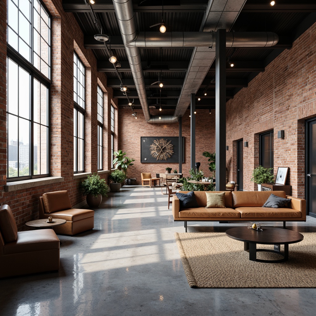 Prompt: Exposed brick walls, industrial chic aesthetic, metal beams, polished concrete floors, reclaimed wood accents, urban loft atmosphere, modern minimalist decor, sleek steel furniture, Edison bulb lighting, metallic color palette, abstract art pieces, distressed finishes, functional pipes, airy open spaces, natural light pouring in, shallow depth of field, 3/4 composition, realistic textures, ambient occlusion.