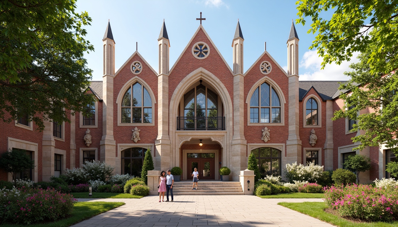 Prompt: Grand elementary school entrance, pointed archways, ribbed vaults, flying buttresses, stained glass windows, intricate stone carvings, mystical gargoyles, ornate wooden doors, vibrant colored bricks, lush greenery, blooming flowers, sunny day, soft warm lighting, shallow depth of field, 3/4 composition, panoramic view, realistic textures, ambient occlusion.